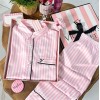 Gömlek Yaka Pembe Çizgili Armani İpek Saten Pijama Takımı