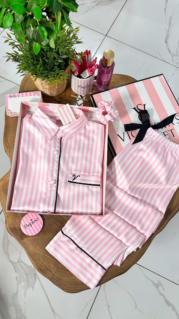 Gömlek Yaka Pembe Çizgili Armani İpek Saten Pijama Takımı