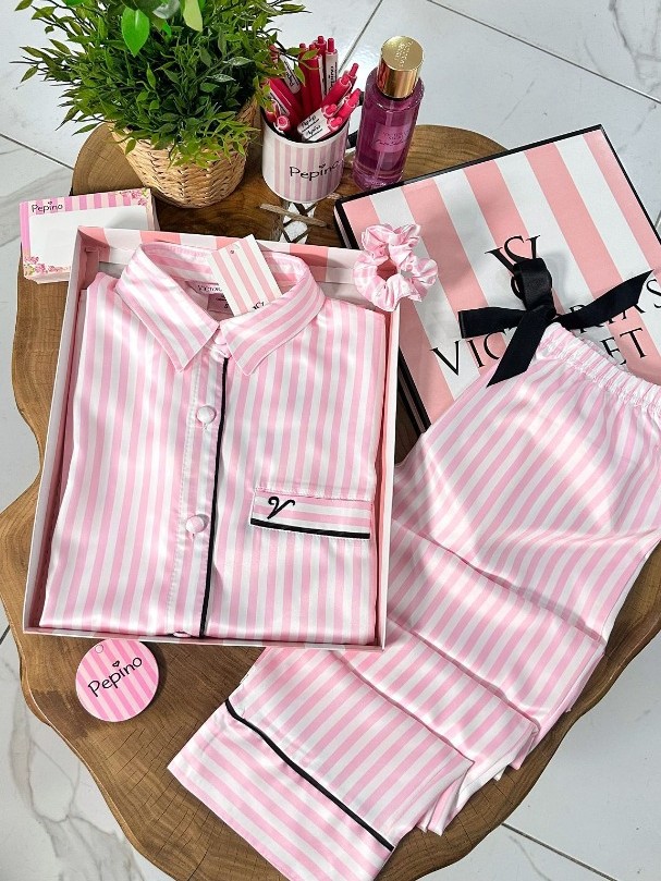 Gömlek Yaka Pembe Çizgili Armani İpek Saten Pijama Takımı