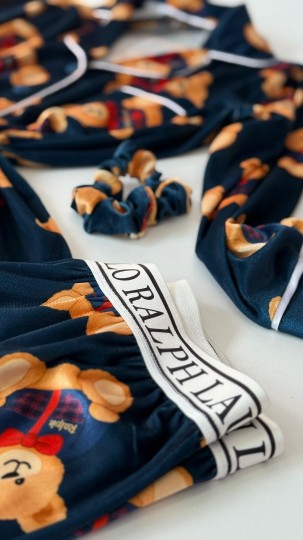 Ayıcık Desen Lacivert Kadife Pijama Takımı 