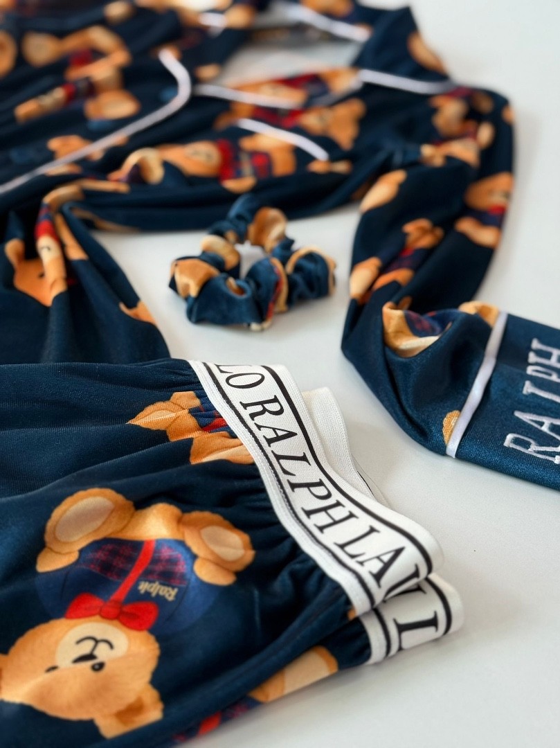 Ayıcık Desen Lacivert Kadife Pijama Takımı