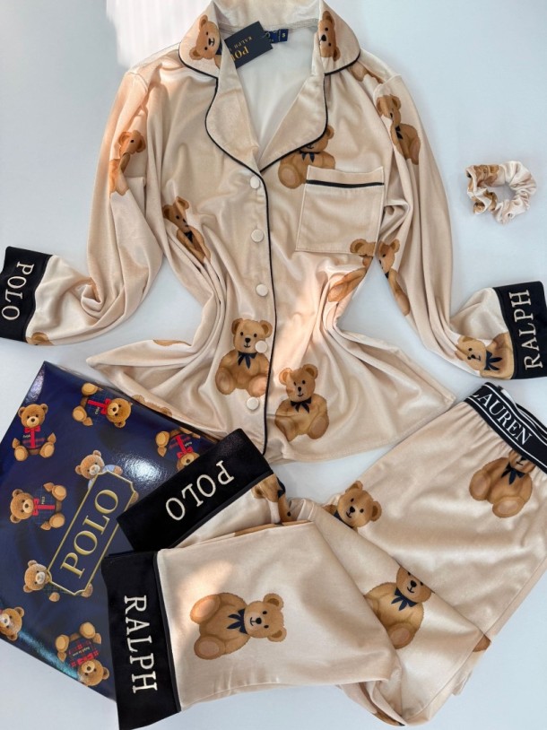 Ayıcık Desen Krem Kadife Pijama Takımı