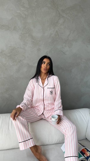 Özel Seri Pembe Çizgili Pamuklu Pijama Takımı