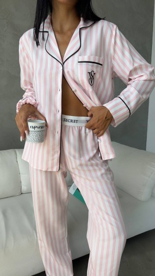 Özel Seri Pembe Çizgili Pamuklu Pijama Takımı