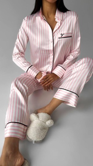 Gömlek Yaka Pembe Çizgili Armani İpek Saten Pijama Takımı