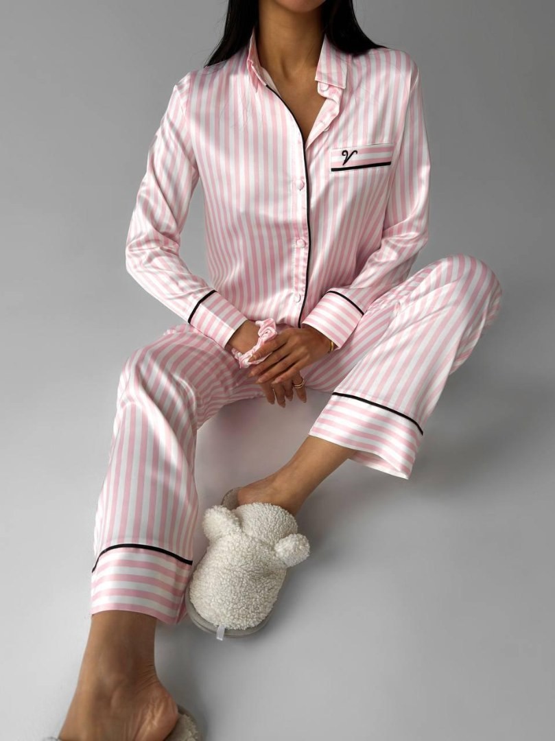 Gömlek Yaka Pembe Çizgili Armani İpek Saten Pijama Takımı