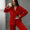 Kırmızı Çizgili Kadife Pijama Takımı – Özel Seri