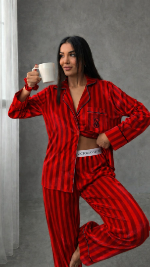 Kırmızı Çizgili Kadife Pijama Takımı – Özel Seri