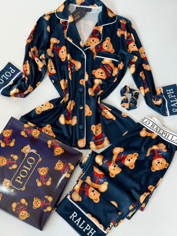 Ayıcık Desen Lacivert Kadife Pijama Takımı
