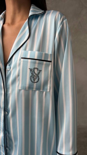  Armani Mavi Çizgili Saten Pijama Takımı