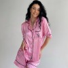 Pembe Çizgili Şortlu İpek Saten Takım