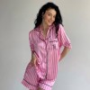 Pembe Çizgili Şortlu İpek Saten Takım