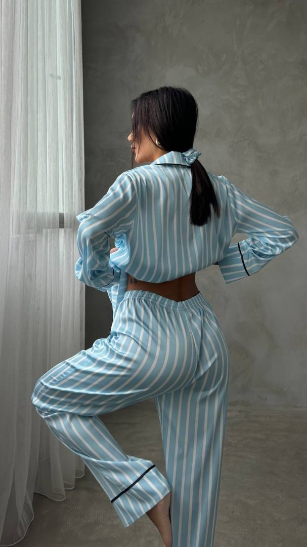  Armani Mavi Çizgili Saten Pijama Takımı
