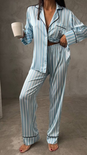  Armani Mavi Çizgili Saten Pijama Takımı
