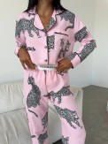 Pembe Leopar Desenli Pamuklu Kadın Pijama Takımı