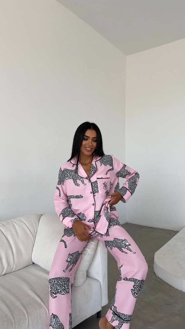 Pembe Leopar Desenli Pamuklu Kadın Pijama Takımı