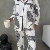 Beyaz Leopar Desenli Pamuklu Kadın Pijama Takımı