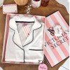 Beyaz Baskılı İpek Saten Pijama Takımı