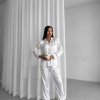 Beyaz Baskılı İpek Saten Pijama Takımı