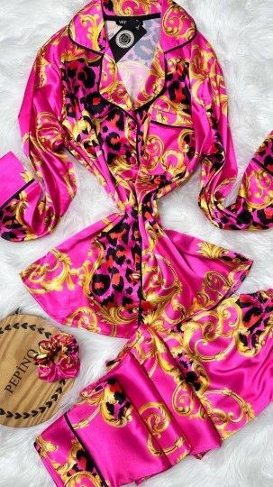 Fuşya Gold Zincir Desen İpek Saten Pijama Takımı