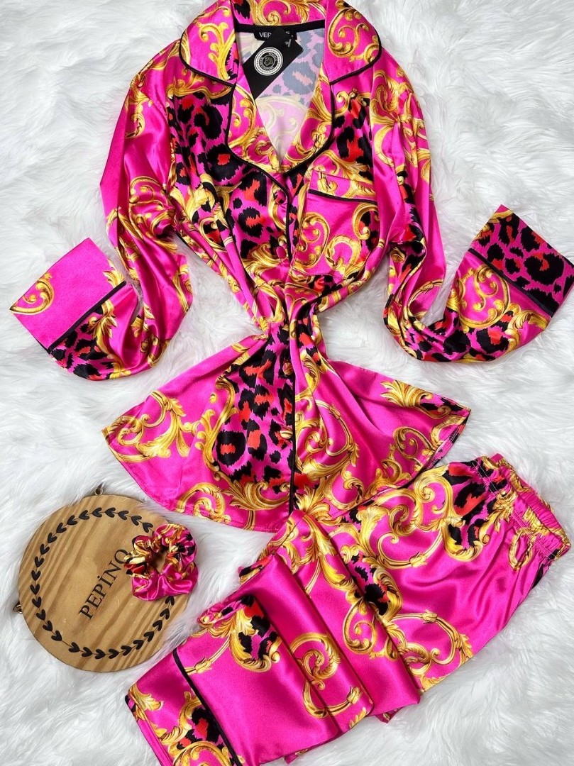 Fuşya Gold Zincir Desen İpek Saten Pijama Takımı