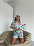 Flamingo Bahçesi İpek Saten Şort Takım