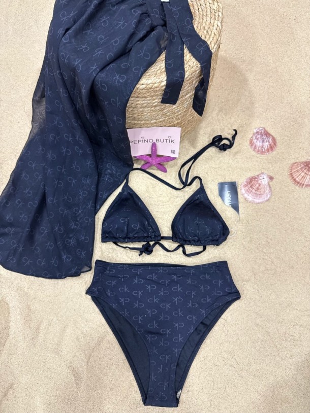 CK 3'lü İthal Siyah Pareolu Bikini Set