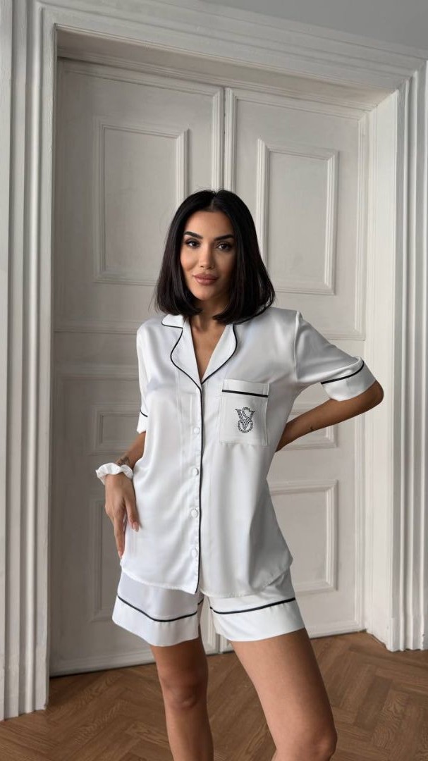 Beyaz Bel Lastik Armani İpek Saten Şort Takım