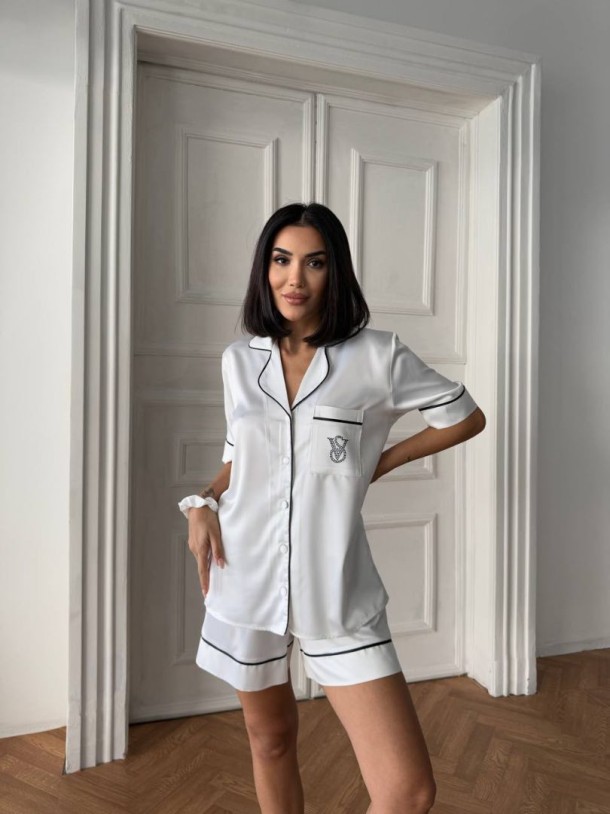 Beyaz Bel Lastik Armani İpek Saten Şort Takım