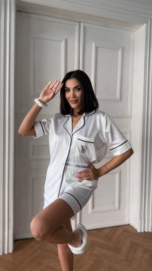 Beyaz Bel Lastik Armani İpek Saten Şort Takım 