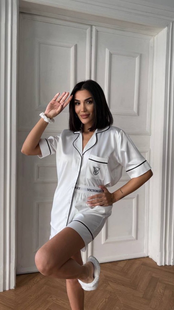 Beyaz Bel Lastik Armani İpek Saten Şort Takım