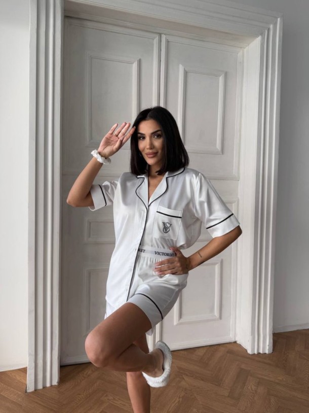 Beyaz Bel Lastik Armani İpek Saten Şort Takım