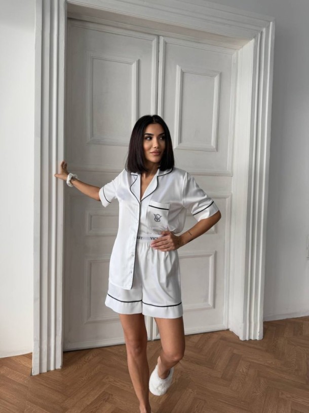 Beyaz Bel Lastik Armani İpek Saten Şort Takım