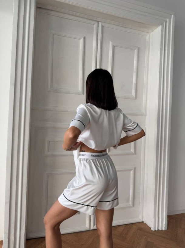 Beyaz Bel Lastik Armani İpek Saten Şort Takım