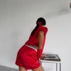 Kırmızı Taş Nakışlı Şortlu İpek Saten Takım