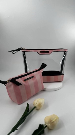 Pembe Çizgili Şeffaf 2’li Makyaj Çantası Seti