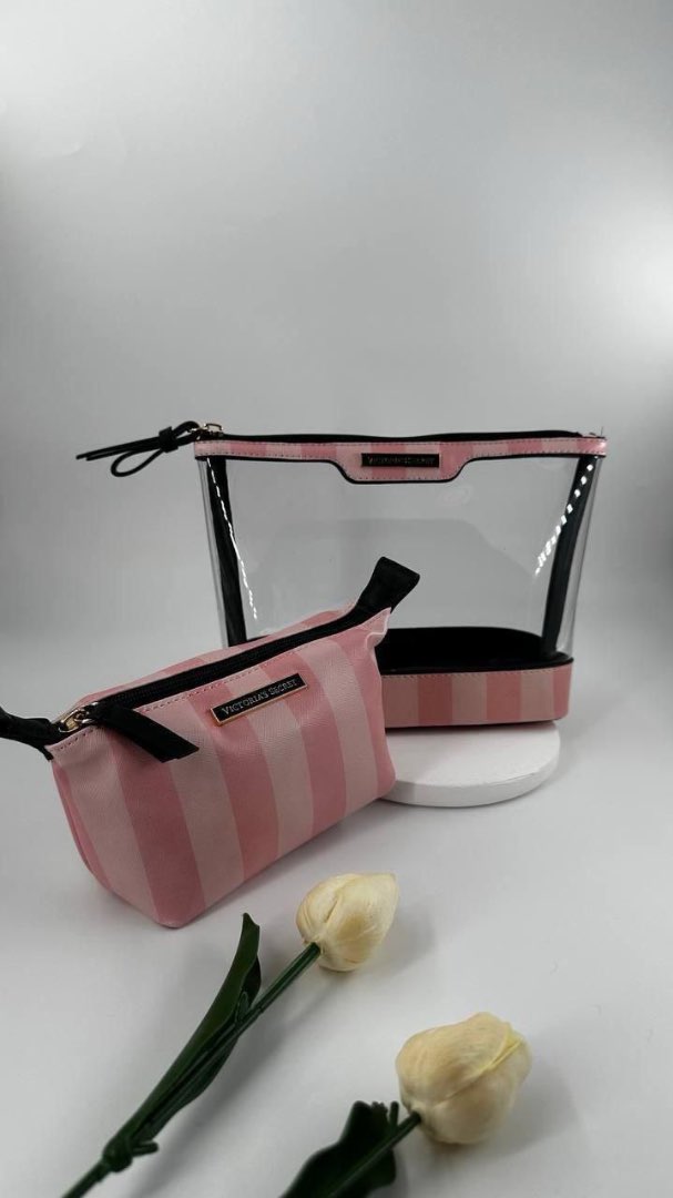 Pembe Çizgili Şeffaf 2’li Makyaj Çantası Seti