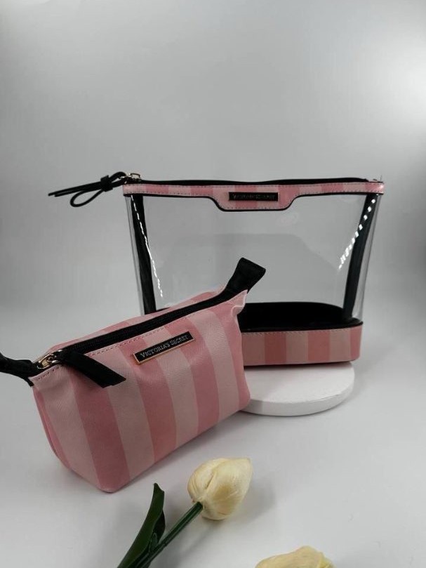 Pembe Çizgili Şeffaf 2’li Makyaj Çantası Seti