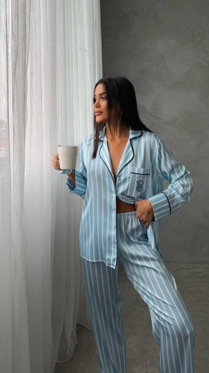  Armani Mavi Çizgili Saten Pijama Takımı
