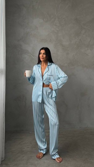  Armani Mavi Çizgili Saten Pijama Takımı