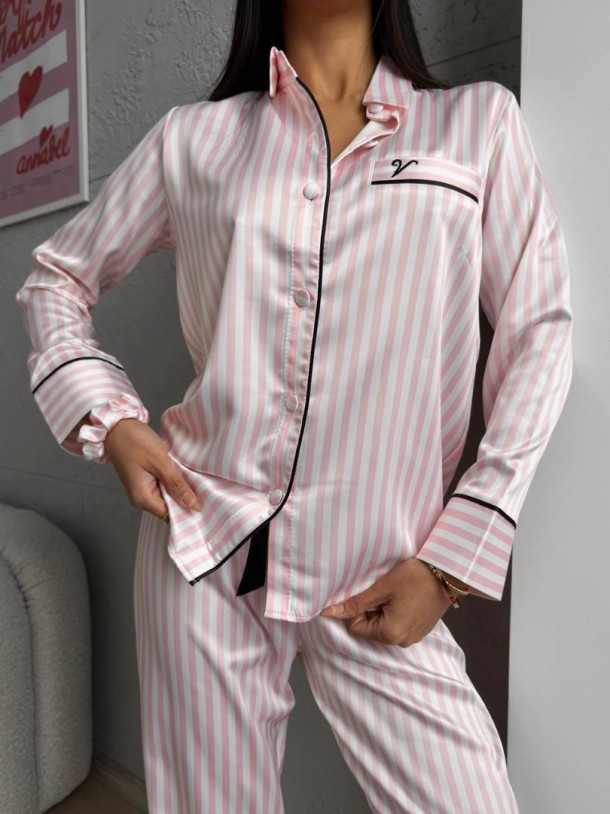 Gömlek Yaka Pembe Çizgili Armani İpek Saten Pijama Takımı