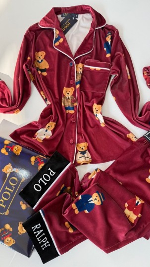 Ayıcık Desen Bordo Kadife Pijama Takımı