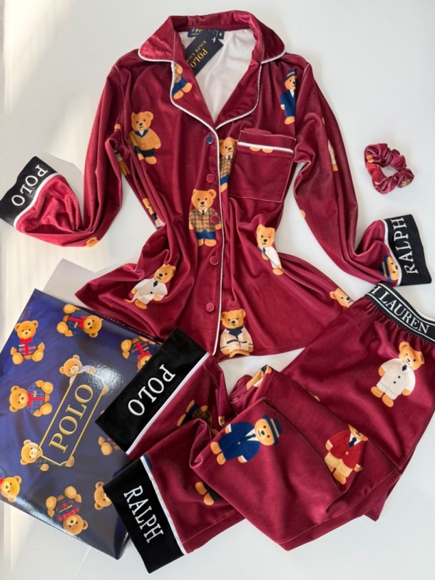 Ayıcık Desen Bordo Kadife Pijama Takımı