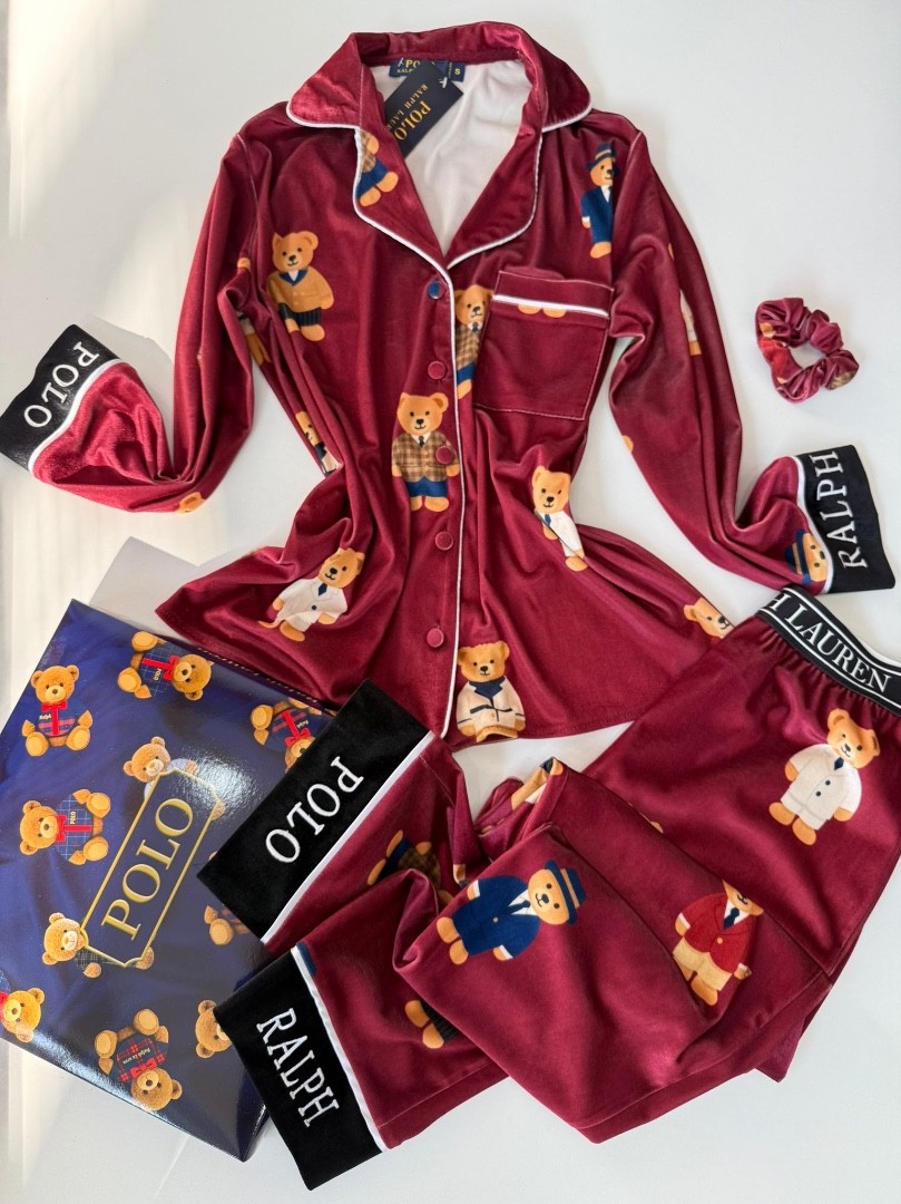 Ayıcık Desen Bordo Kadife Pijama Takımı