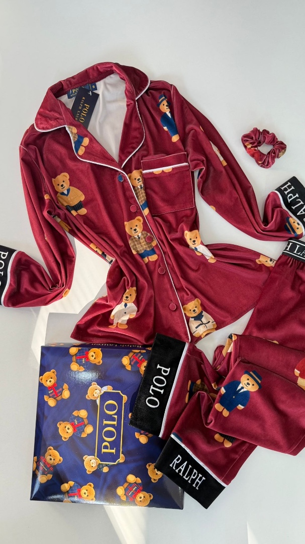 Ayıcık Desen Bordo Kadife Pijama Takımı