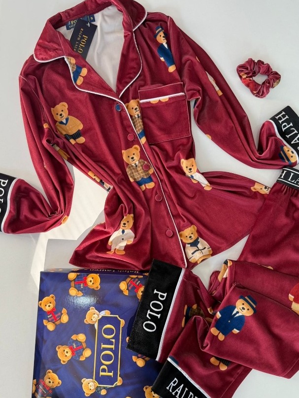 Ayıcık Desen Bordo Kadife Pijama Takımı