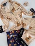 Ayıcık Desen Krem Kadife Pijama Takımı