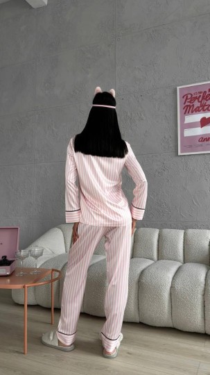 Gömlek Yaka Pembe Çizgili Armani İpek Saten Pijama Takımı