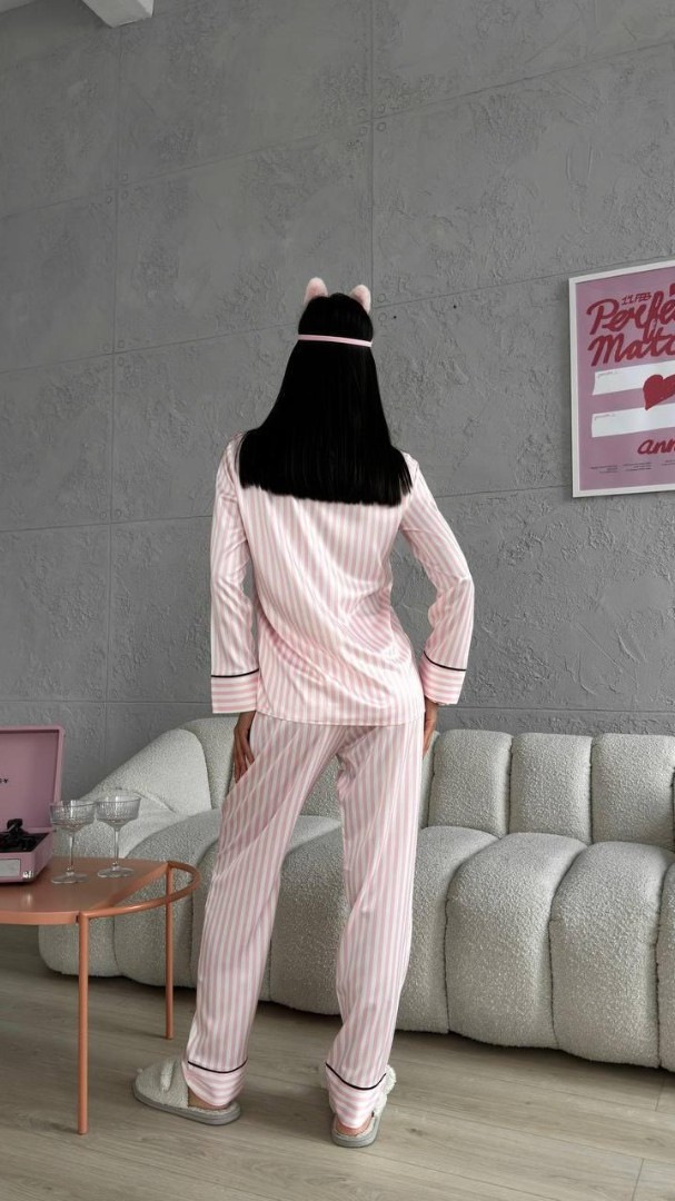 Gömlek Yaka Pembe Çizgili Armani İpek Saten Pijama Takımı