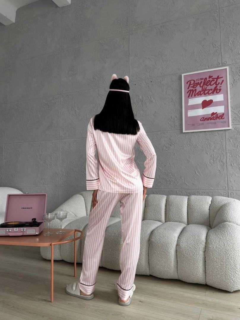 Gömlek Yaka Pembe Çizgili Armani İpek Saten Pijama Takımı